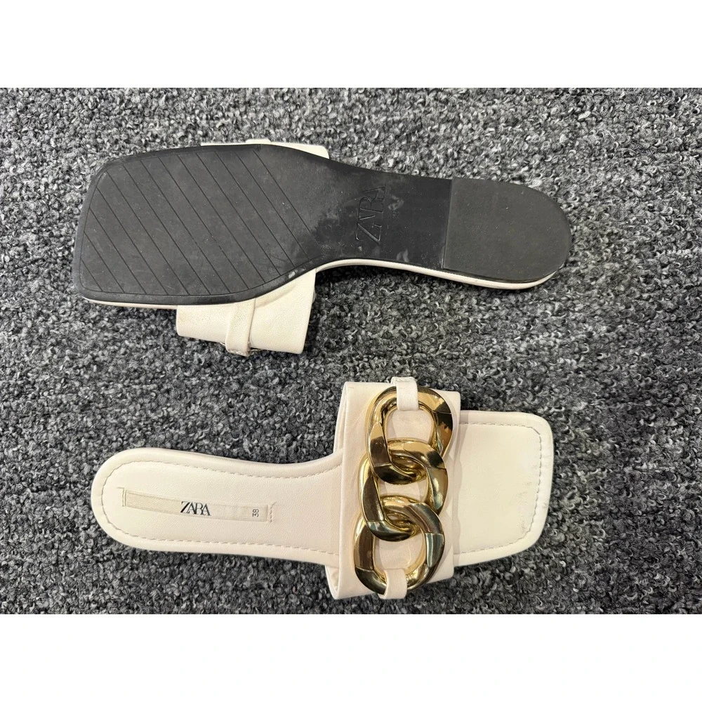 Zara Cream White Chunky Gold Chain Flat Slide Sandals Square Toe Womens Size 38